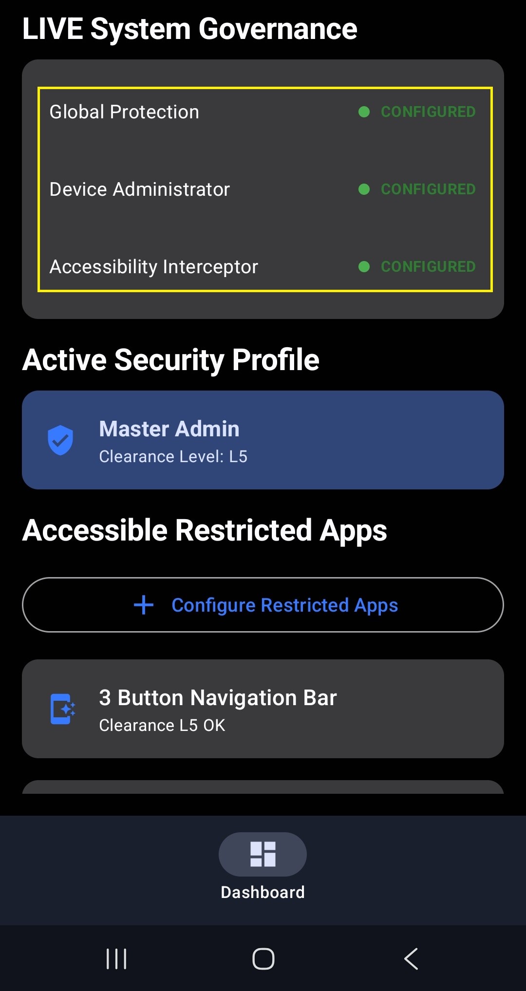 Dashboard with configs enabled
