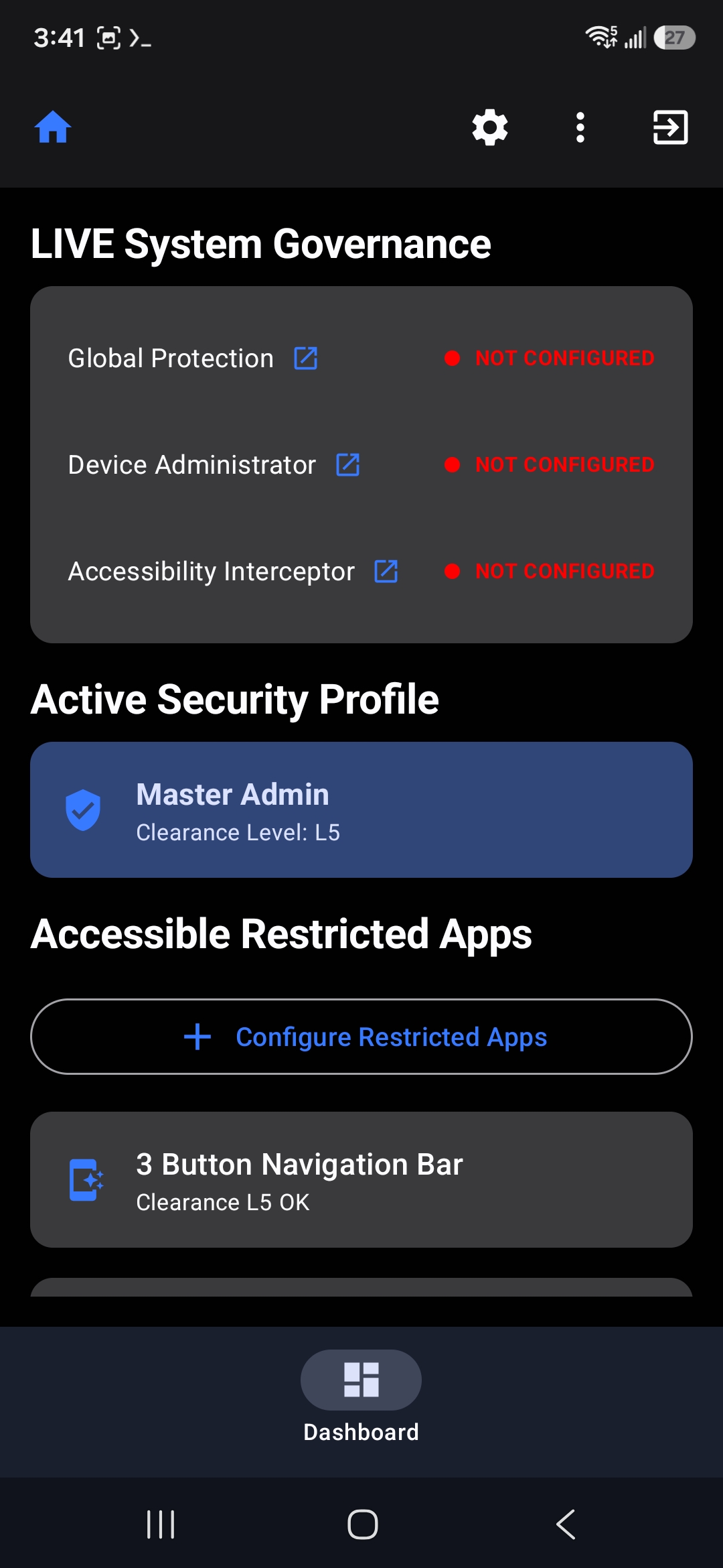 Dashboard with configs disabled