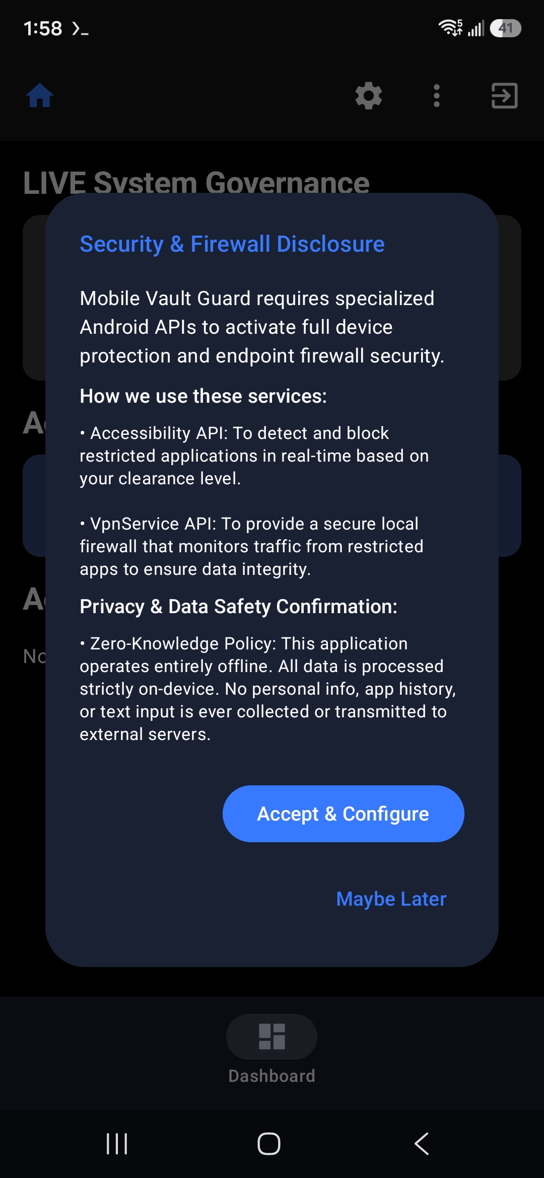 Accept and configure screen