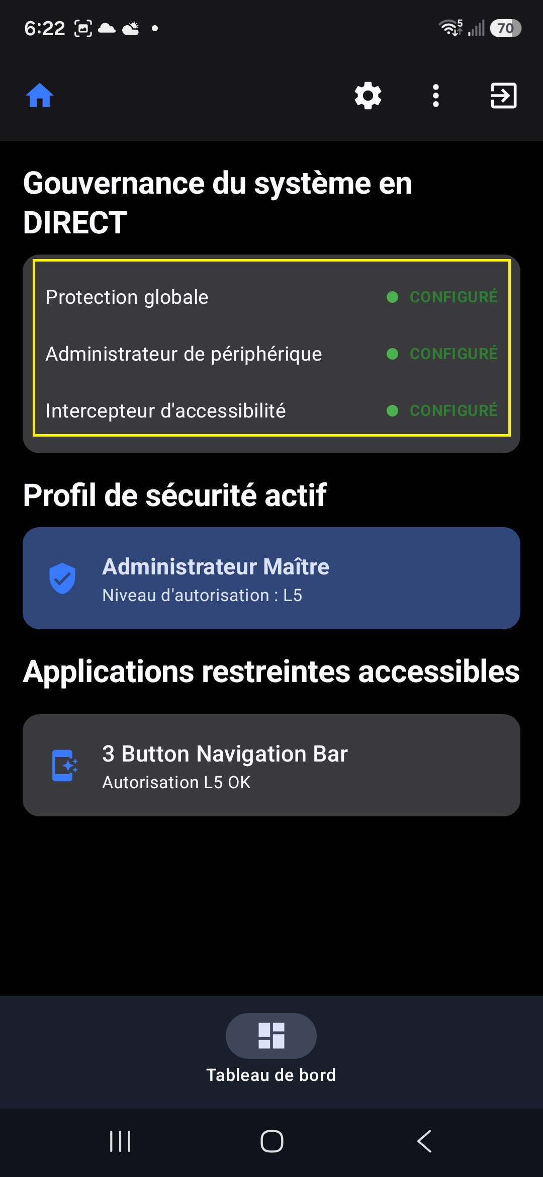 Tableau de bord avec la configuration activée
