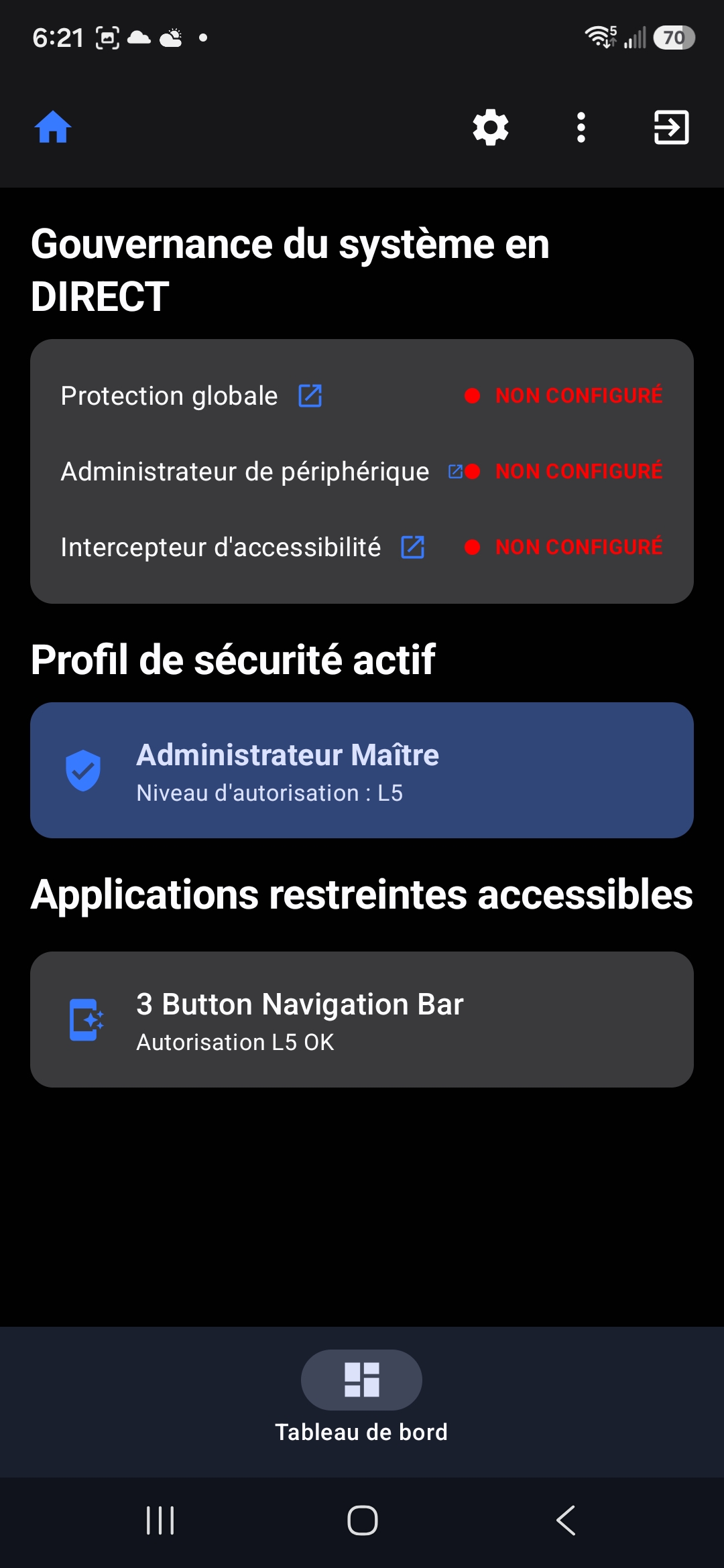 Tableau de bord avec la configuration désactivée